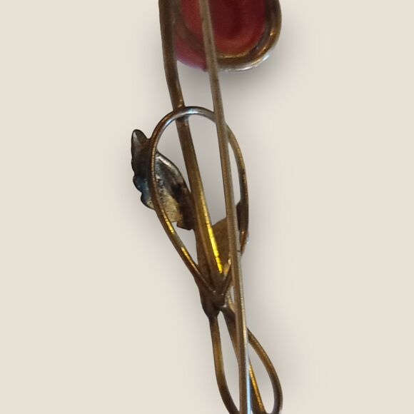 Vintage Antique Gold Metal Rose Flower Brooch Pin with Red Dimensional Bloom - Picture 9 of 11